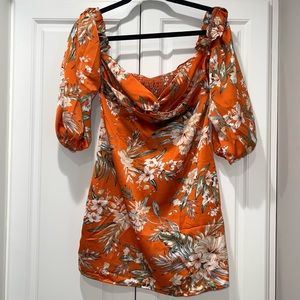 SHEIN Floral Print Shirred Back Off Shoulder Dress burnt orange size Large